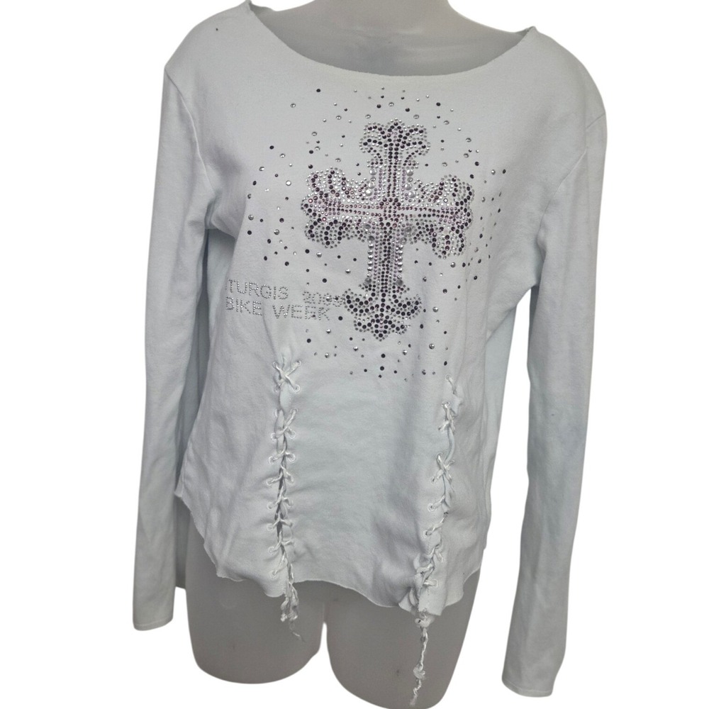 Y2K Biker Design 2XL Rhinestone Cross Long Sleeve Top Biker Moto McBling